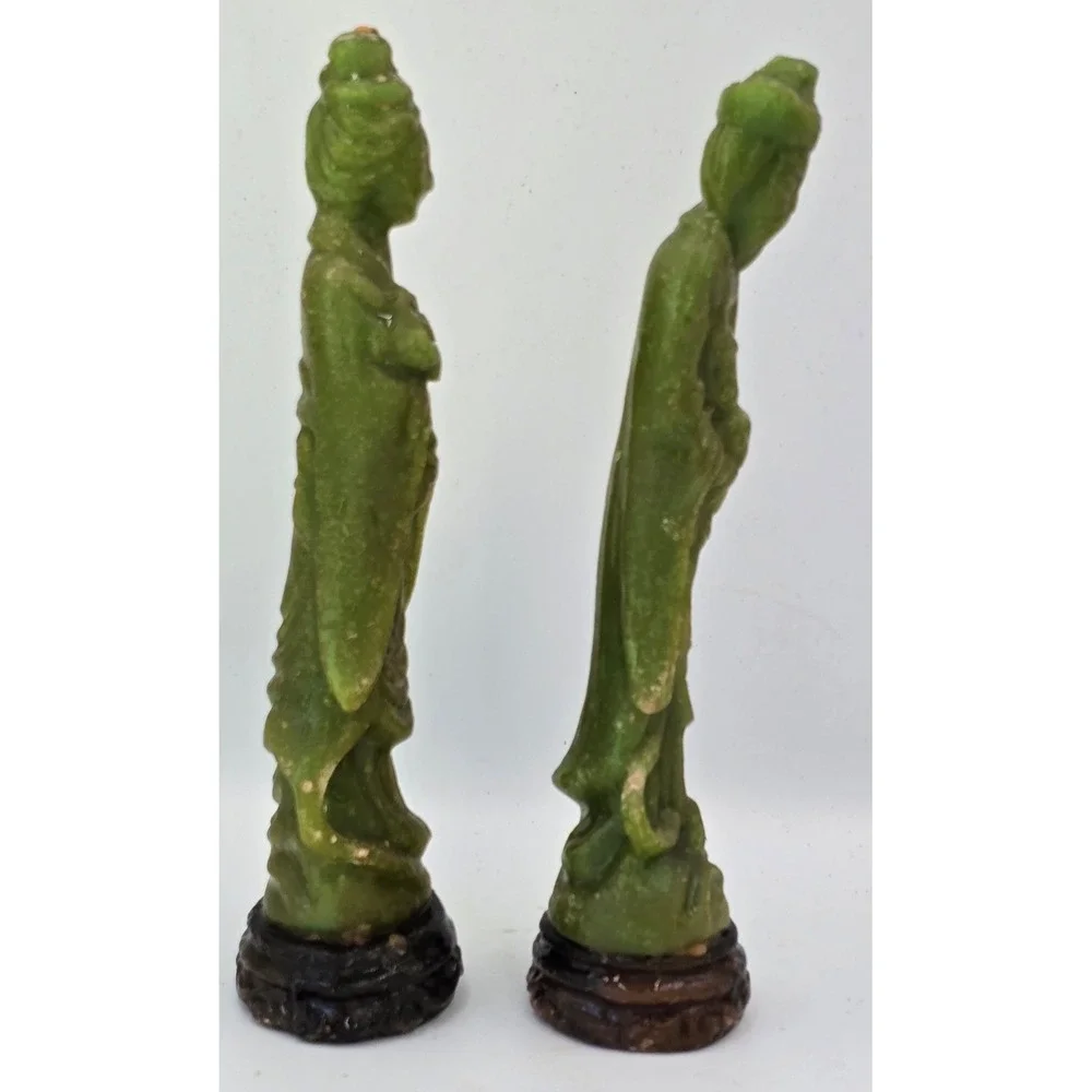 Vintage Ceremonial Jade Green Chinese Figure Carved Wax Candles Pair Unused